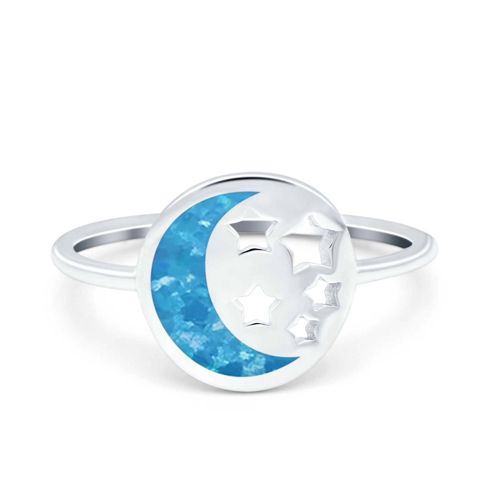 Moon and Stars Ring Band Lab Created Opal 925 Sterling Silver (12mm)