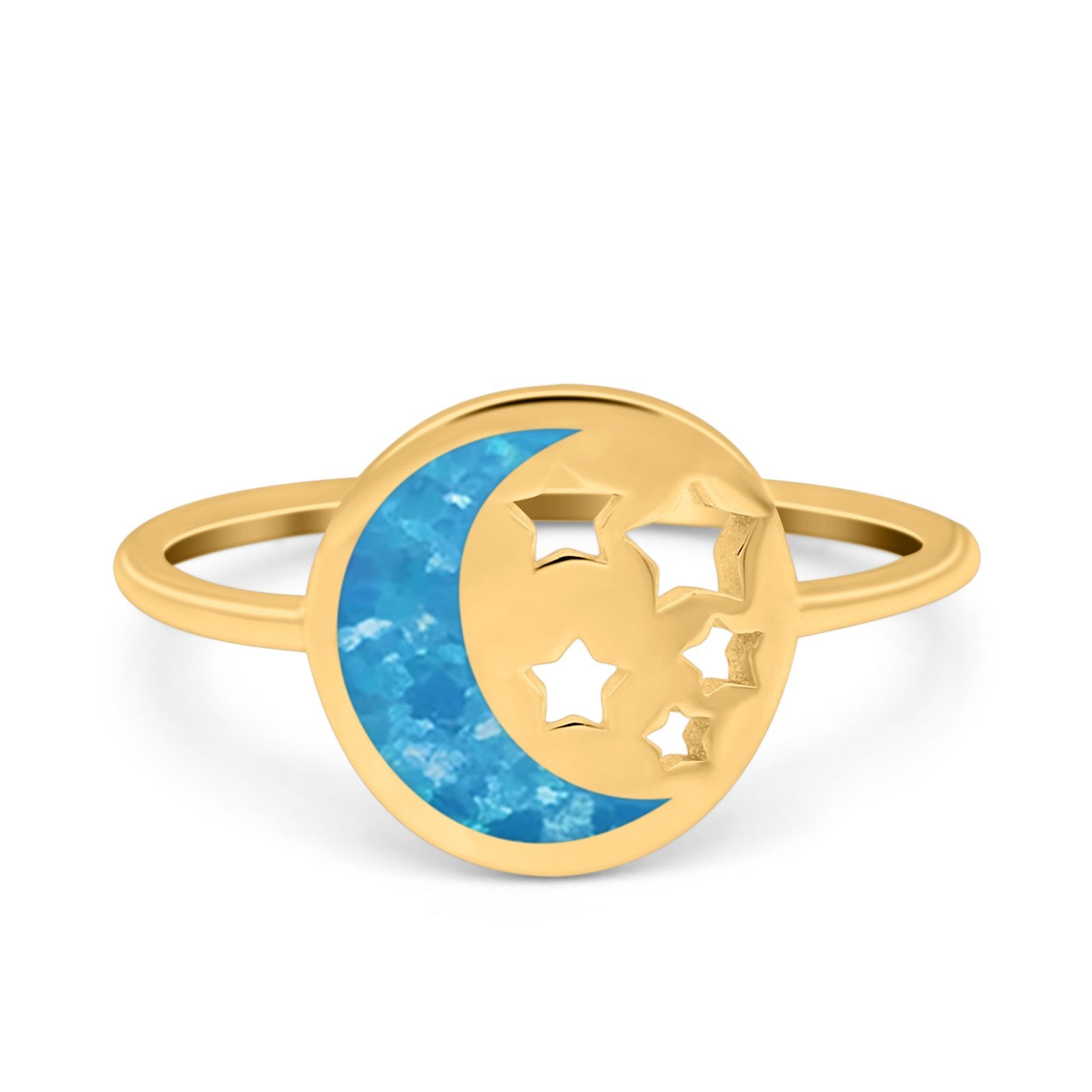 Moon and Stars Ring Band Lab Created Opal 925 Sterling Silver (12mm)