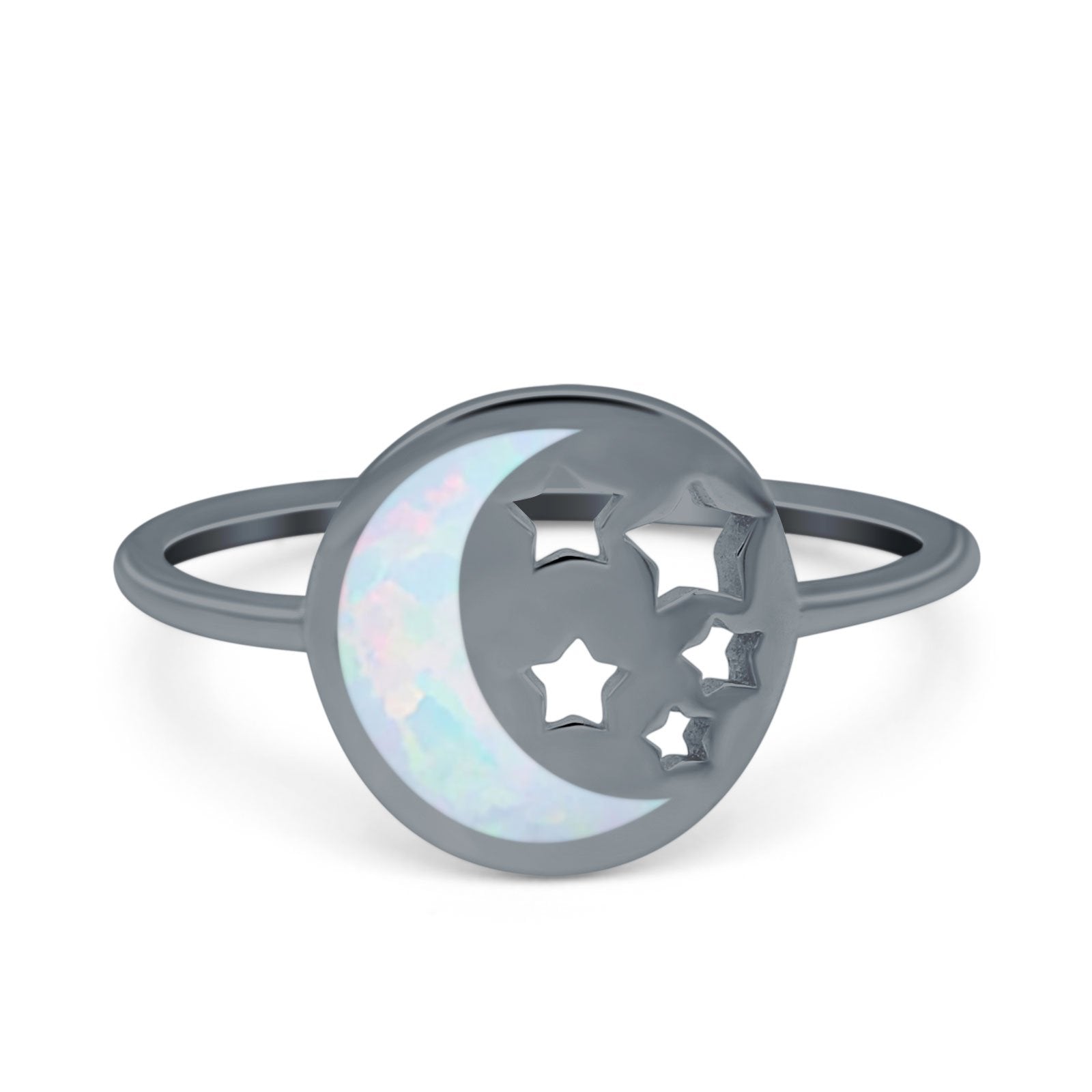 Moon and Stars Ring Band Lab Created Opal 925 Sterling Silver (12mm)