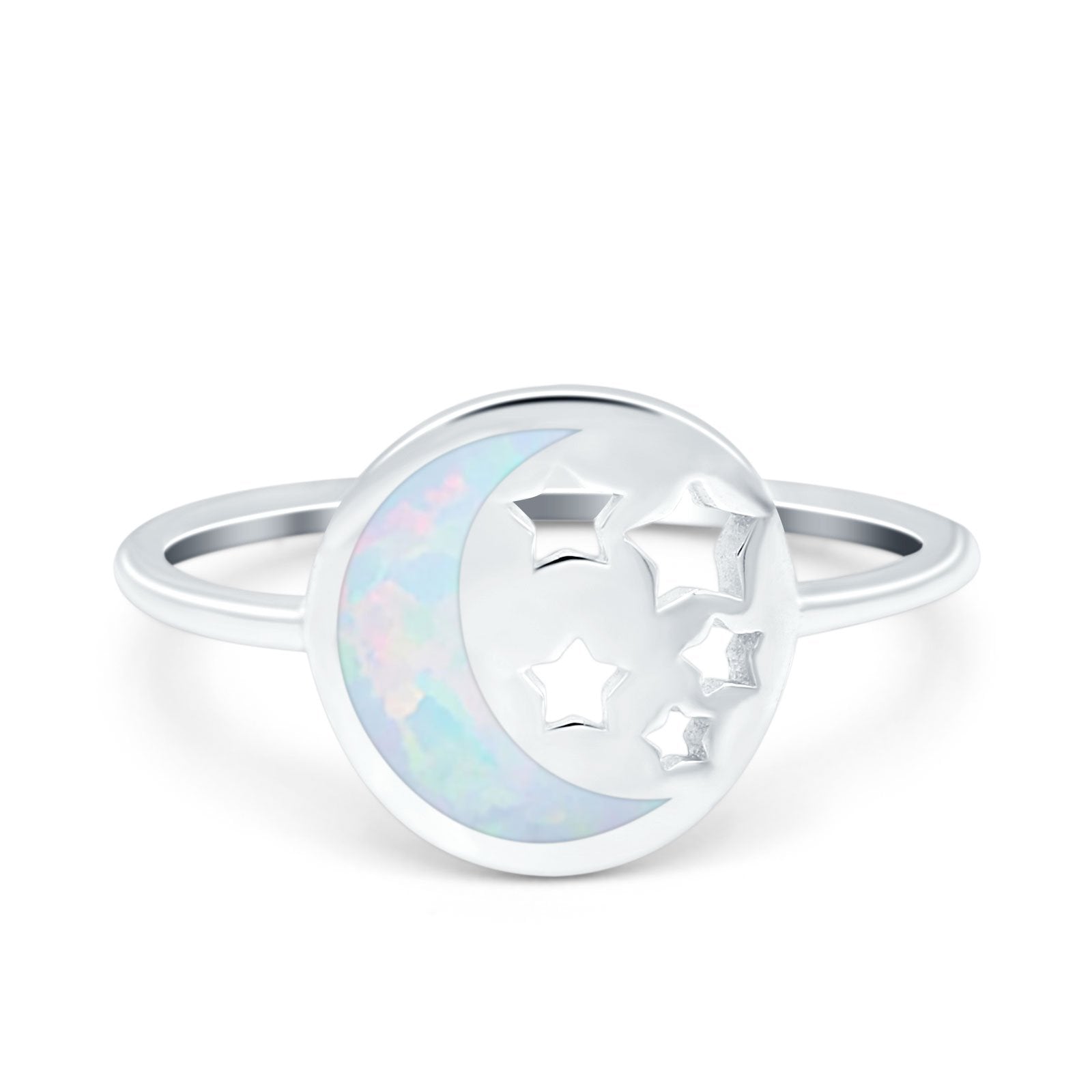 Moon and Stars Ring Band Lab Created Opal 925 Sterling Silver (12mm)