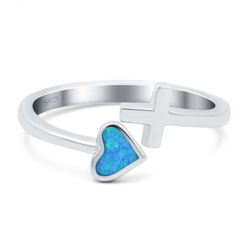Heart & Cross Ring Band Lab Created Opal 925 Sterling Silver (7mm)