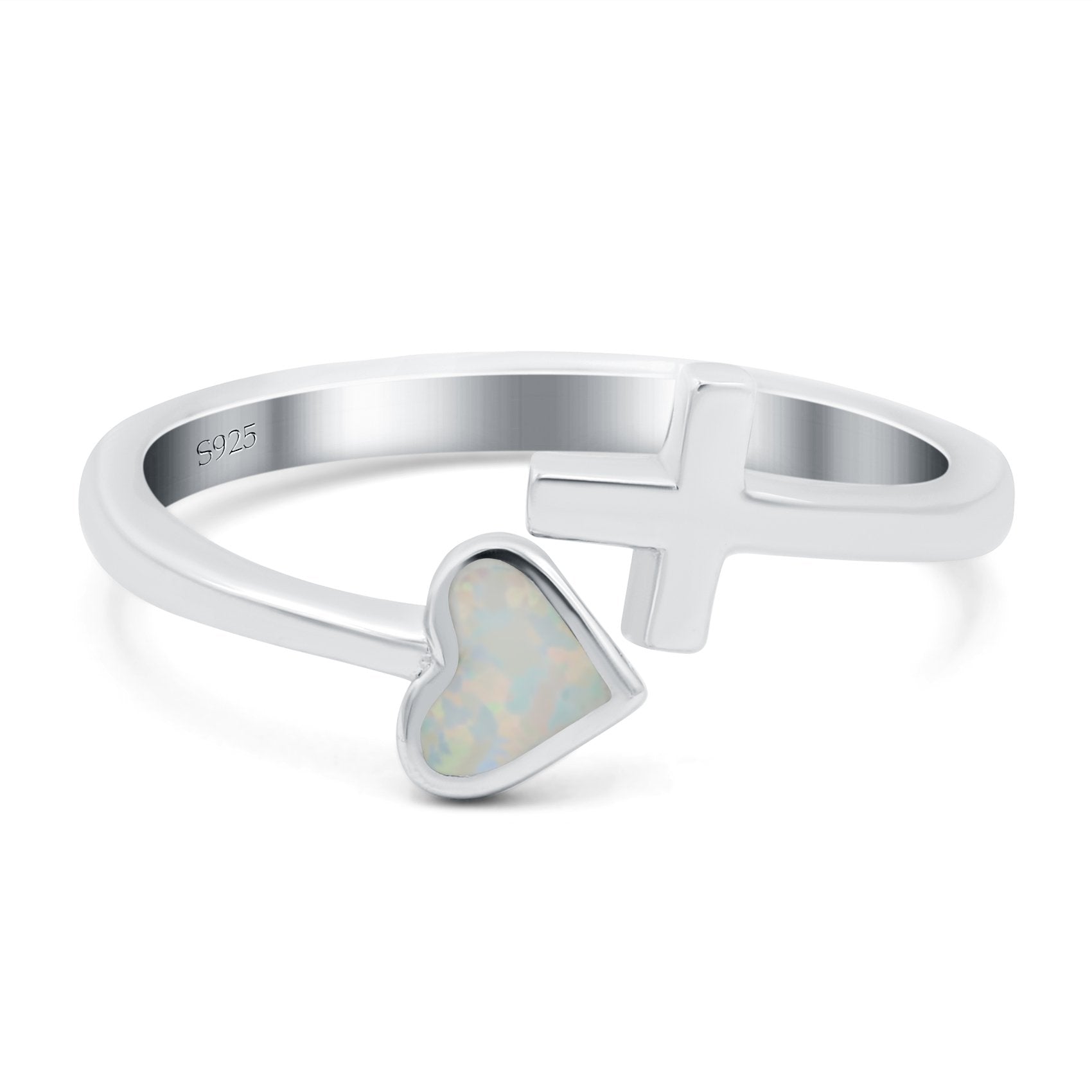 Heart & Cross Ring Band Lab Created Opal 925 Sterling Silver (7mm)