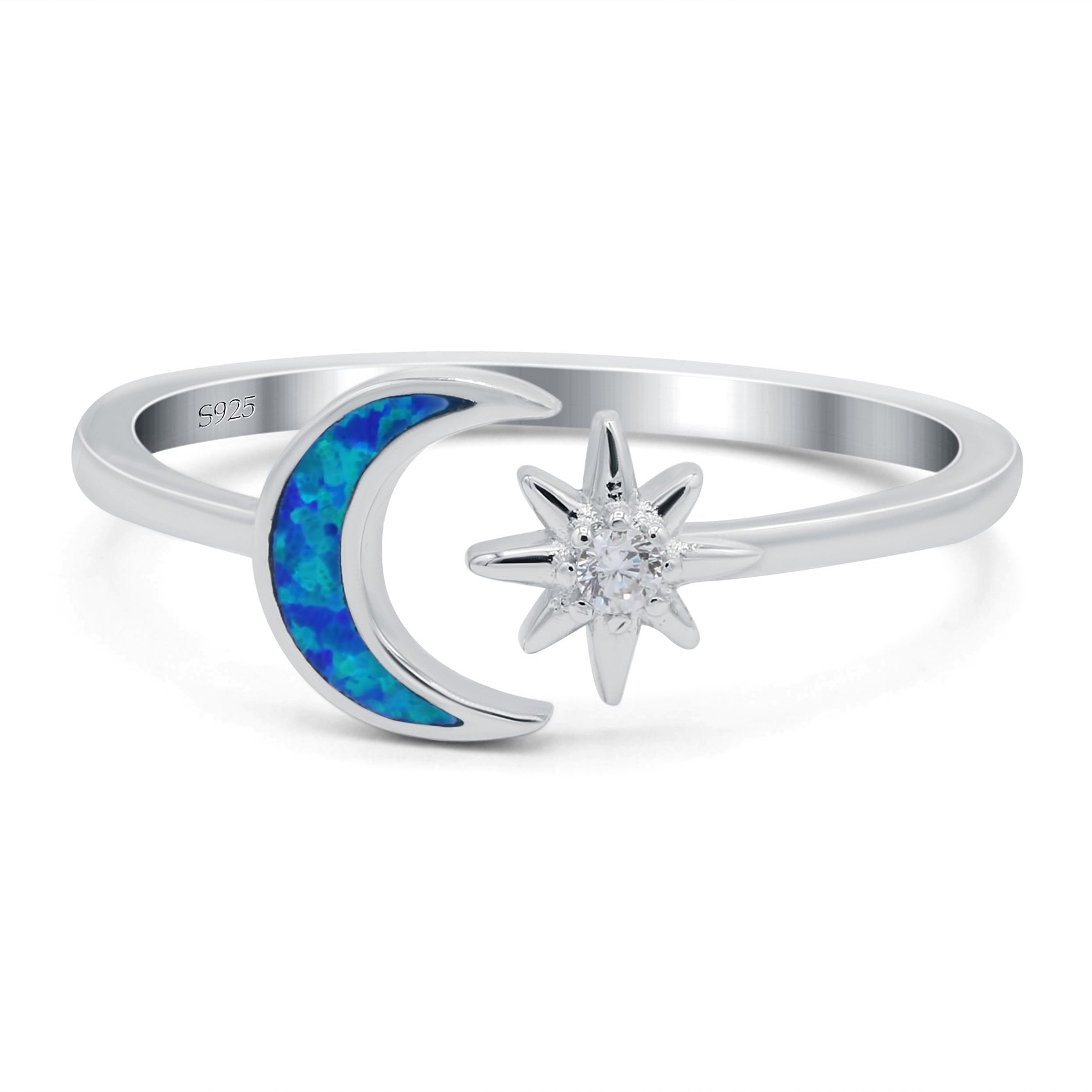 Moon & Star Ring Lab Created Opal Simulated Cubic Zirconia 925 Sterling Silver
