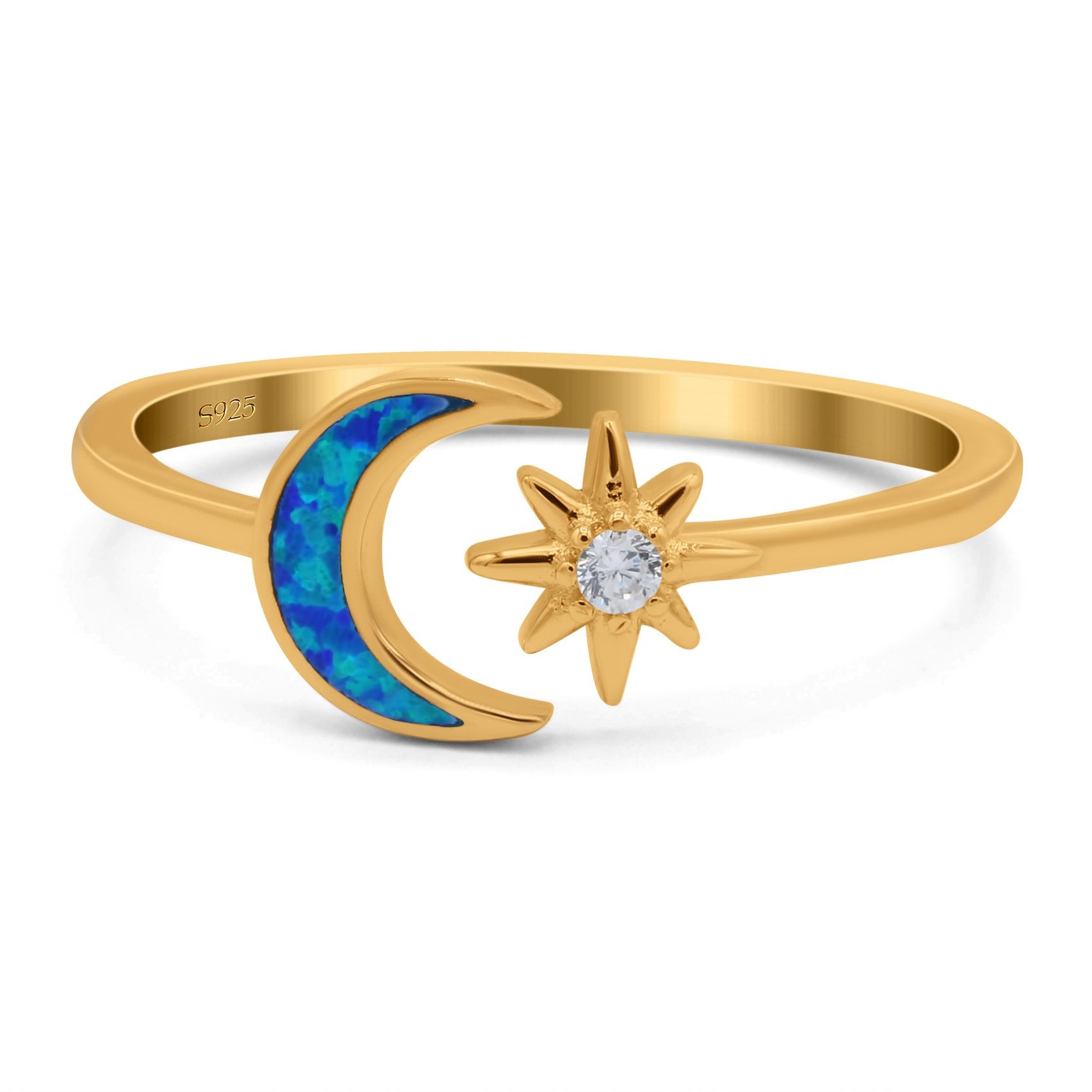 Moon & Star Ring Lab Created Opal Simulated Cubic Zirconia 925 Sterling Silver