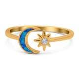 Moon & Star Ring Lab Created Opal Simulated Cubic Zirconia 925 Sterling Silver