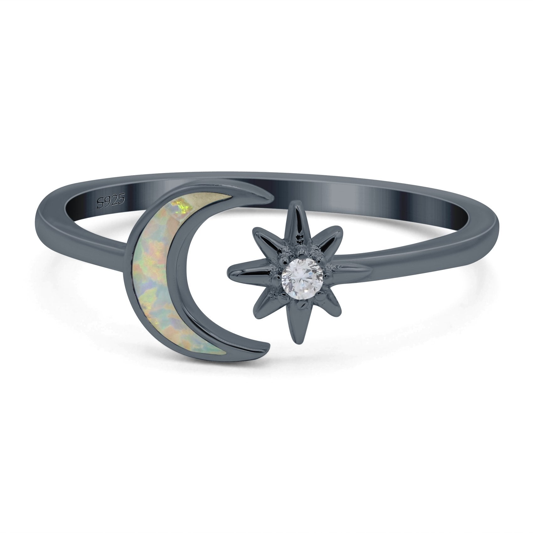 Moon & Star Ring Lab Created Opal Simulated Cubic Zirconia 925 Sterling Silver
