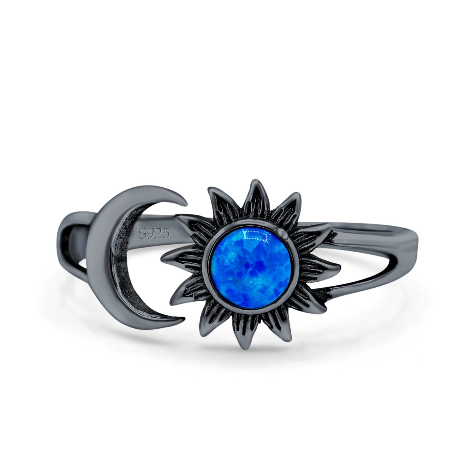 Sun & Moon Ring Lab Created Blue Opal Oxidized Round 925 Sterling Silver