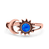 Sun & Moon Ring Lab Created Blue Opal Oxidized Round 925 Sterling Silver