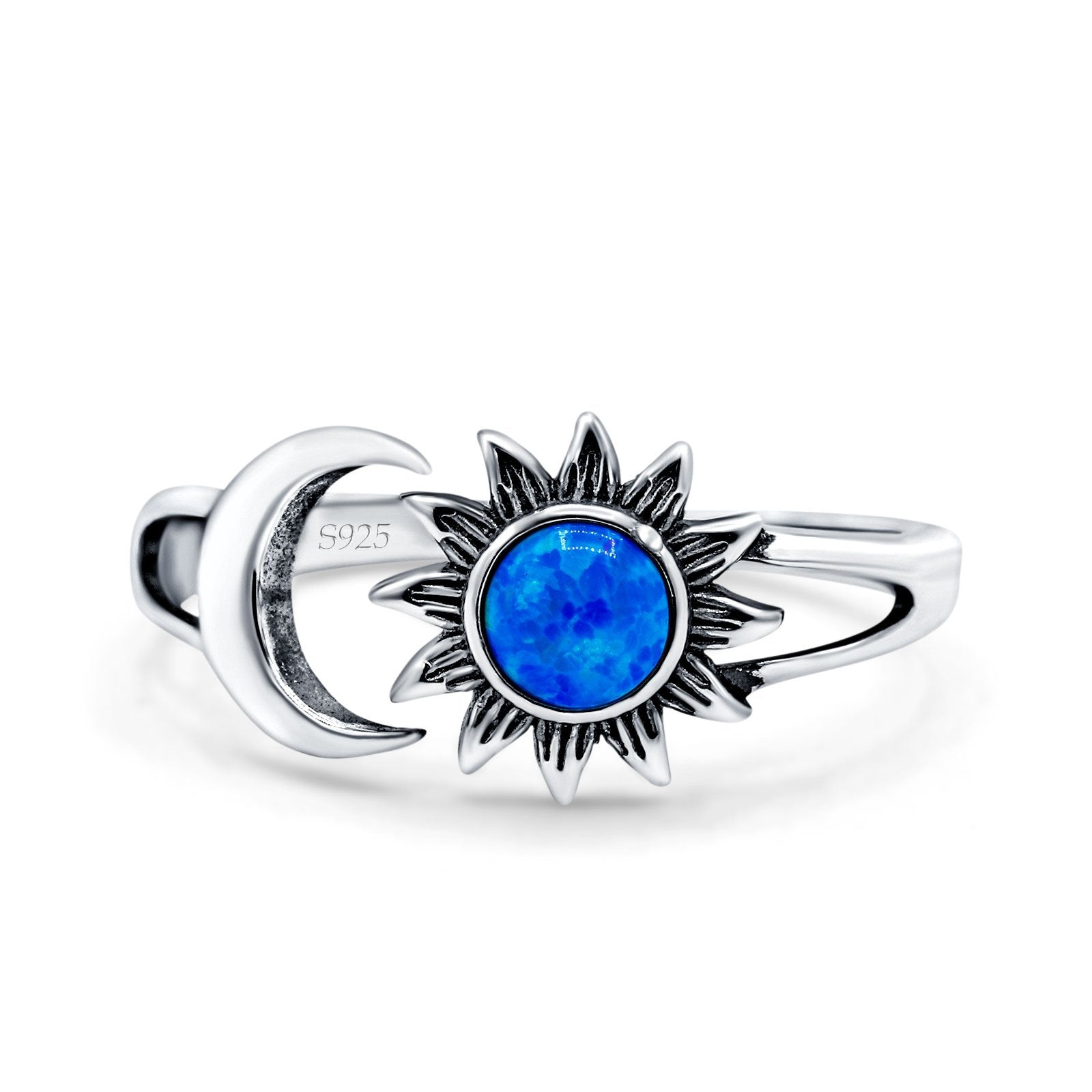 Sun & Moon Ring Lab Created Blue Opal Oxidized Round 925 Sterling Silver
