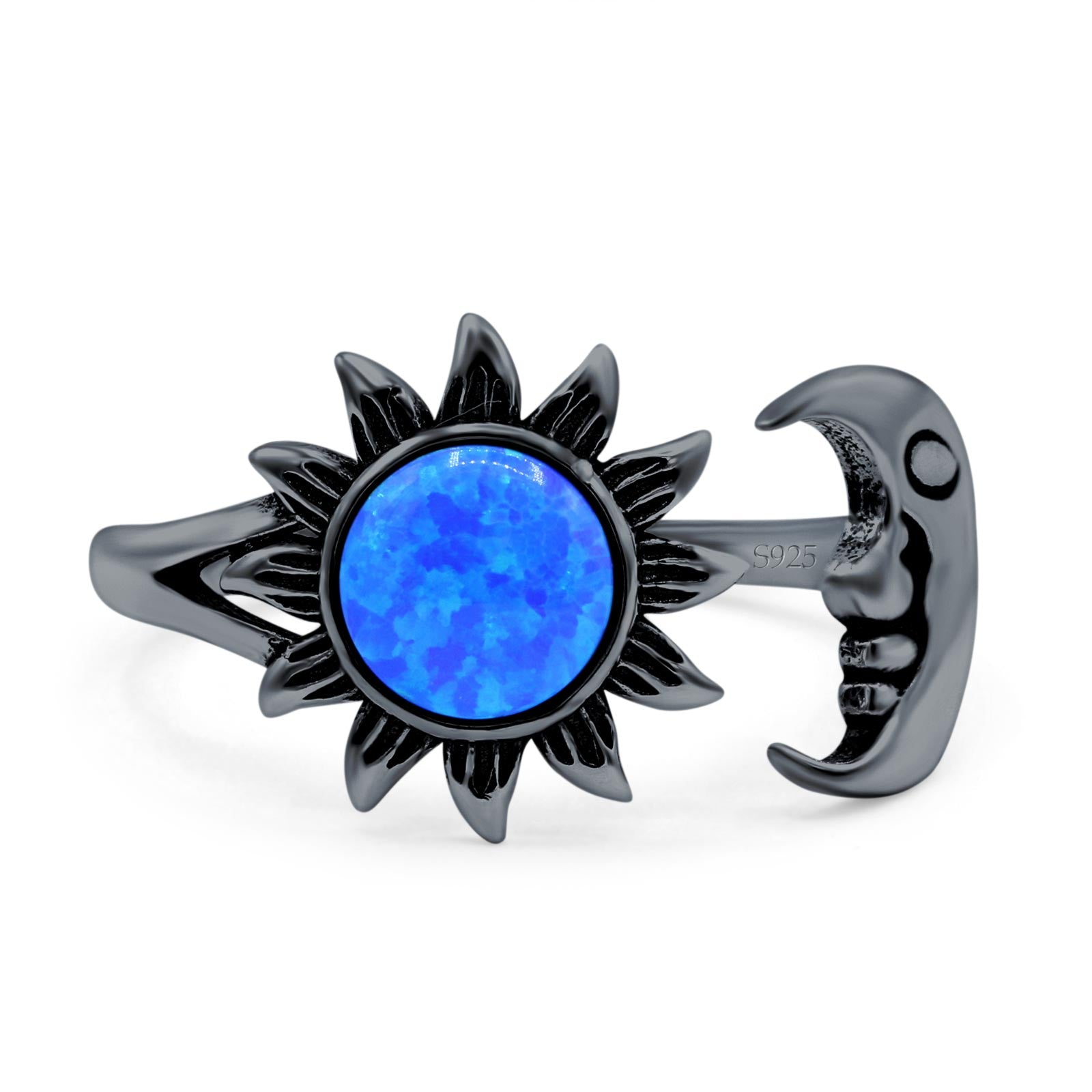 Sun & Moon Ring Lab Created Blue Opal Oxidized Round 925 Sterling Silver