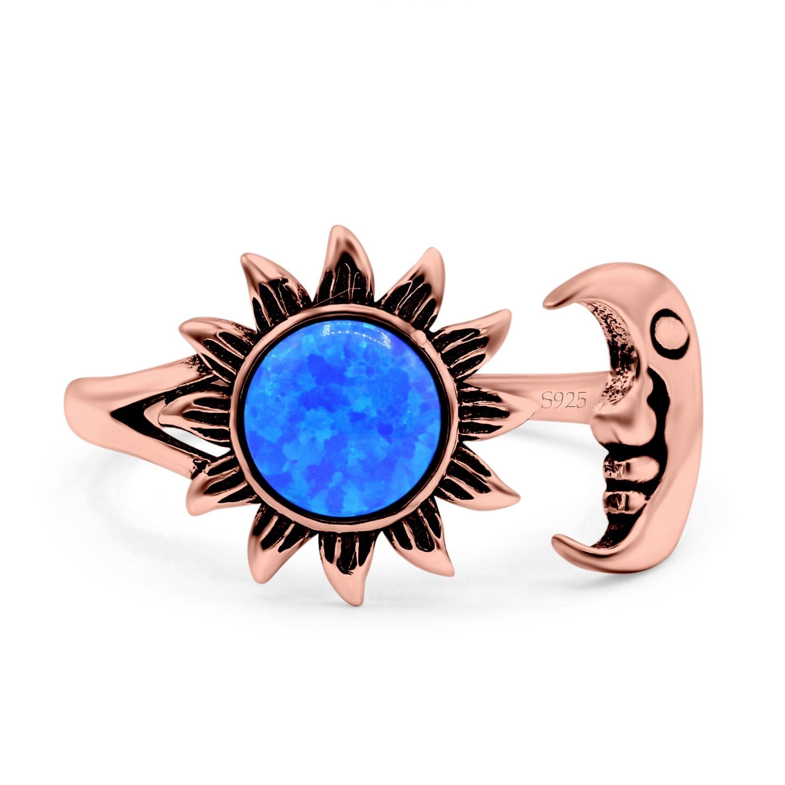 Sun & Moon Ring Lab Created Blue Opal Oxidized Round 925 Sterling Silver