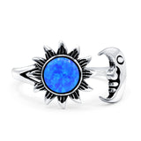 Sun & Moon Ring Lab Created Blue Opal Oxidized Round 925 Sterling Silver