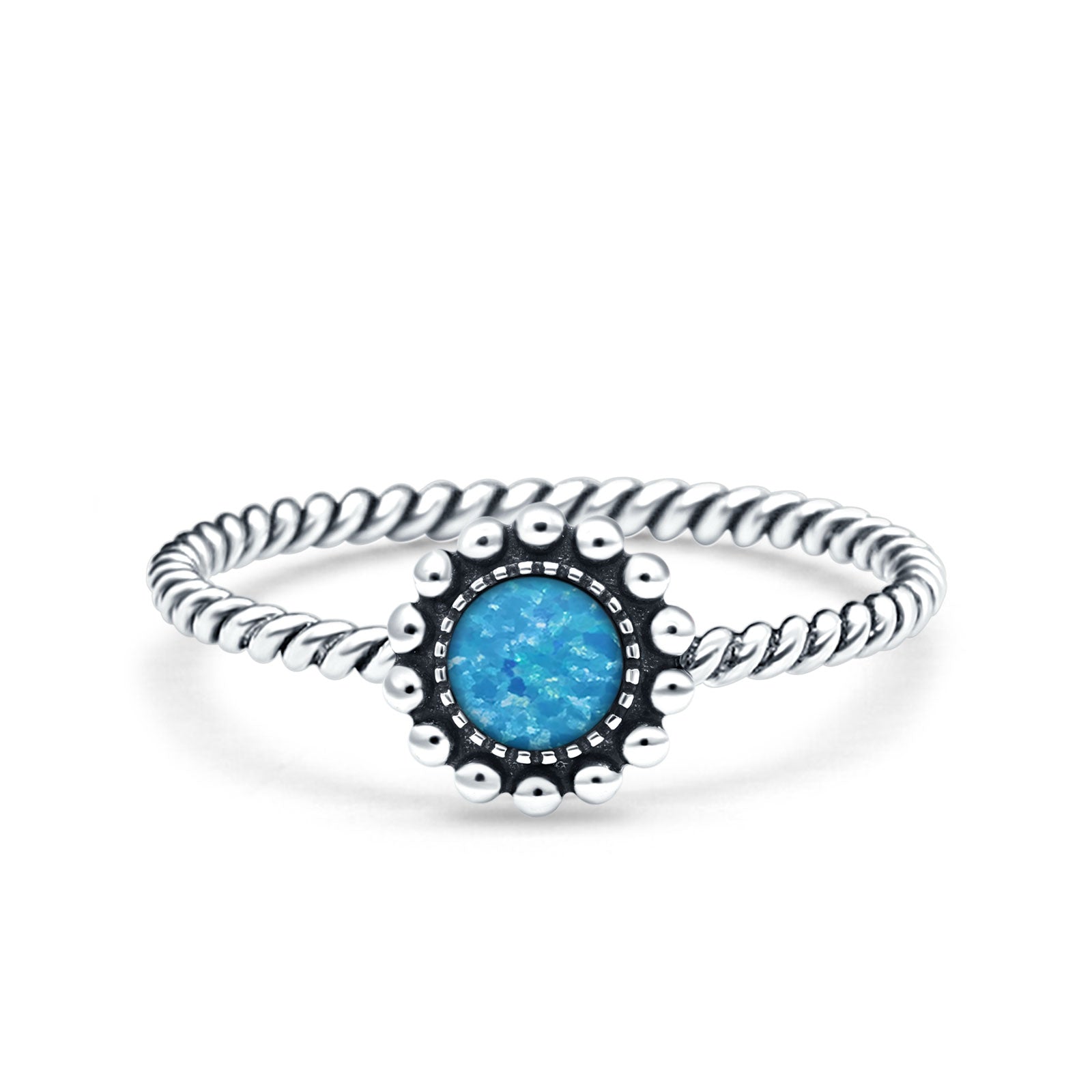 Petite Dainty Rope Vintage Style Lab Opal Ring Solid Round Oxidized 925 Sterling Silver