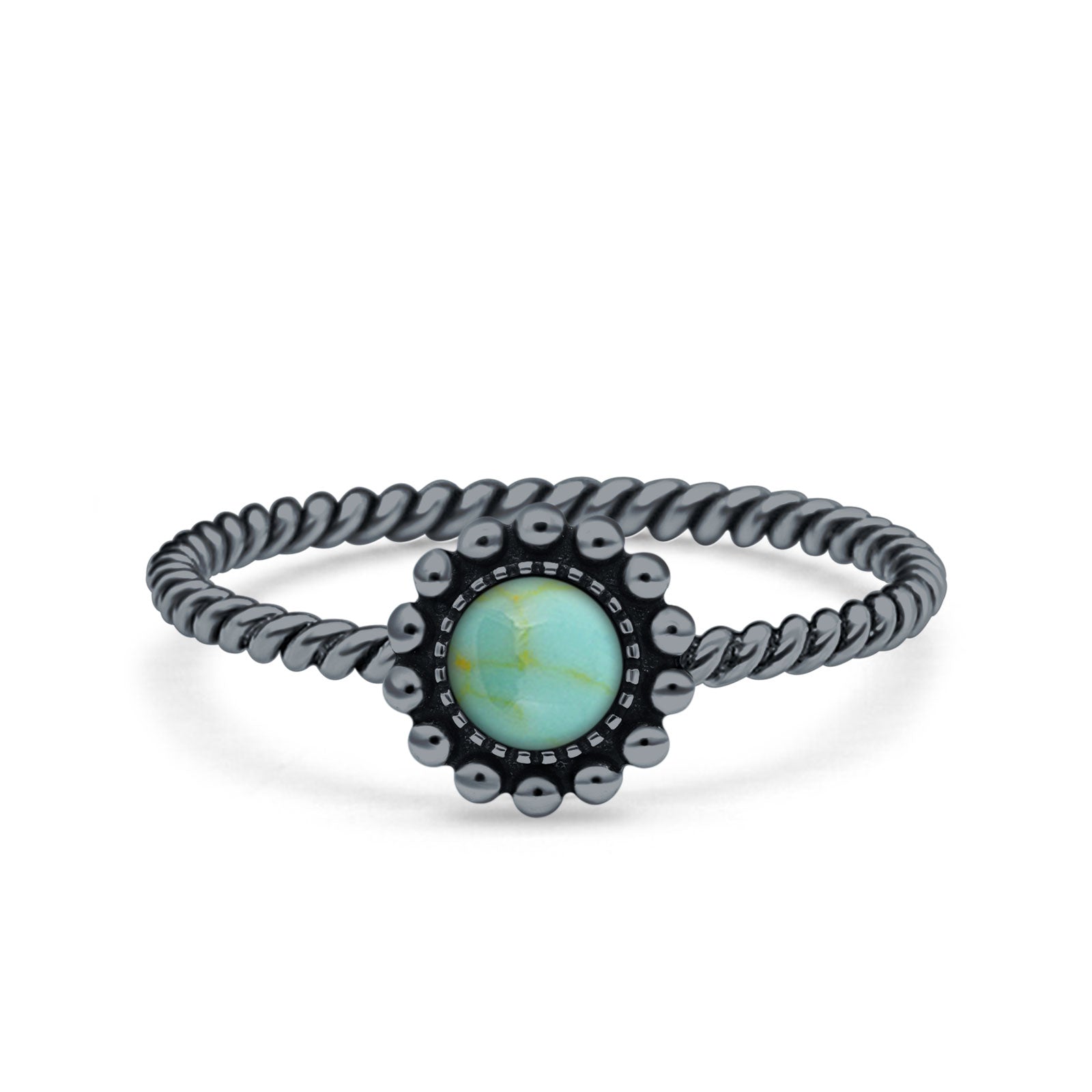 Petite Dainty Rope Vintage Style Lab Opal Ring Solid Round Oxidized 925 Sterling Silver