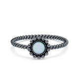 Petite Dainty Rope Vintage Style Lab Opal Ring Solid Round Oxidized 925 Sterling Silver