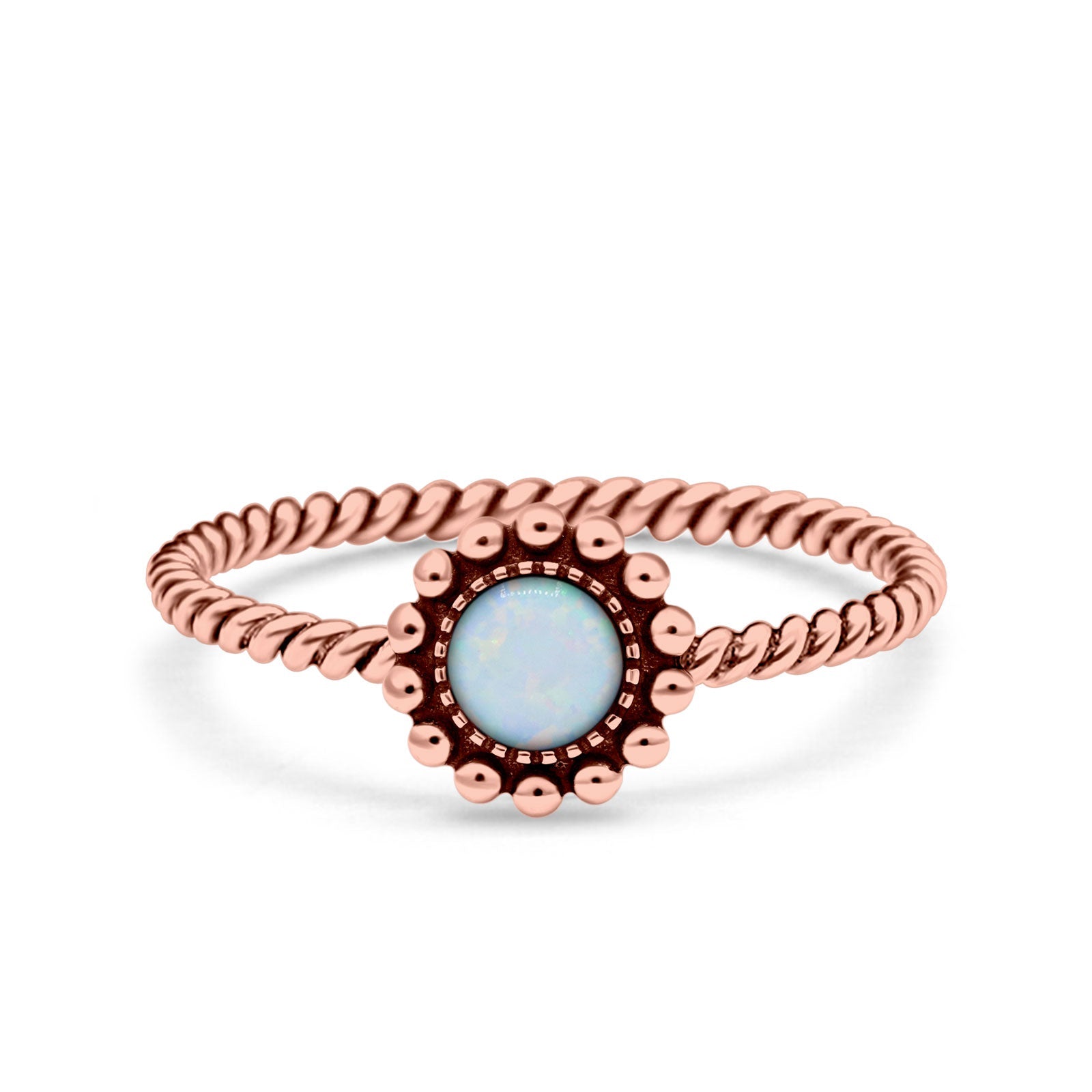 Petite Dainty Rope Vintage Style Lab Opal Ring Solid Round Oxidized 925 Sterling Silver