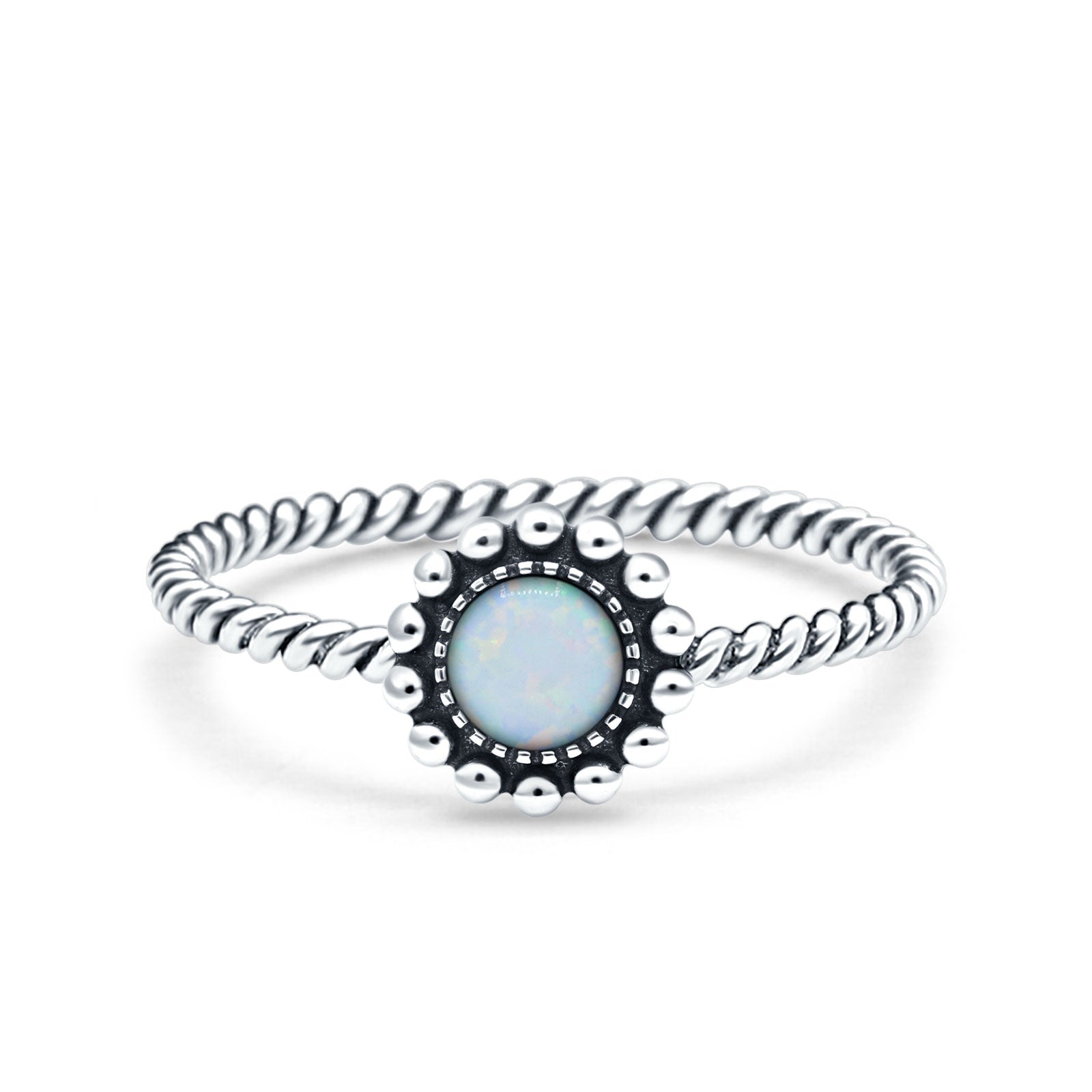 Petite Dainty Rope Vintage Style Lab Opal Ring Solid Round Oxidized 925 Sterling Silver