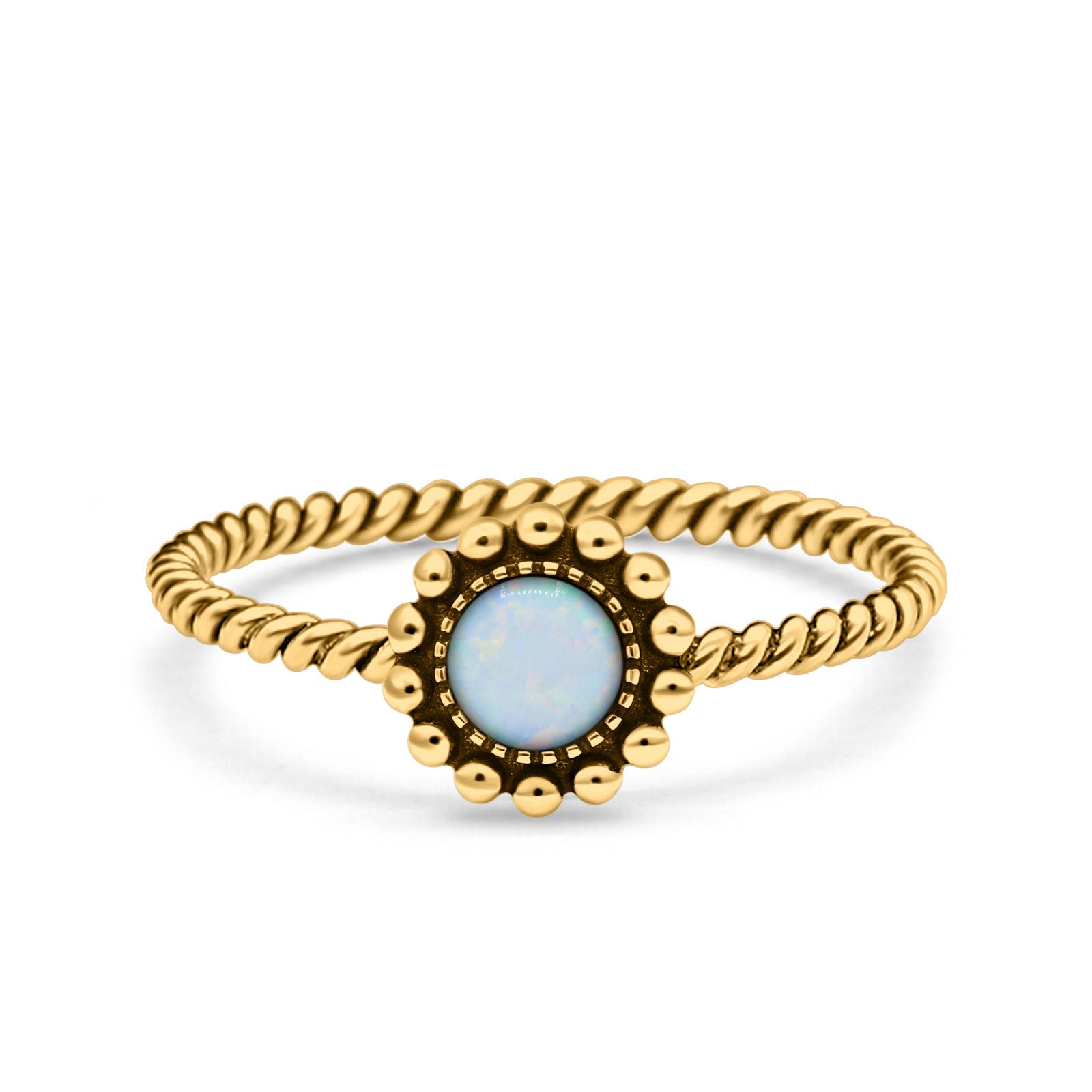 Petite Dainty Rope Vintage Style Lab Opal Ring Solid Round Oxidized 925 Sterling Silver