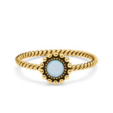 Petite Dainty Rope Vintage Style Lab Opal Ring Solid Round Oxidized 925 Sterling Silver