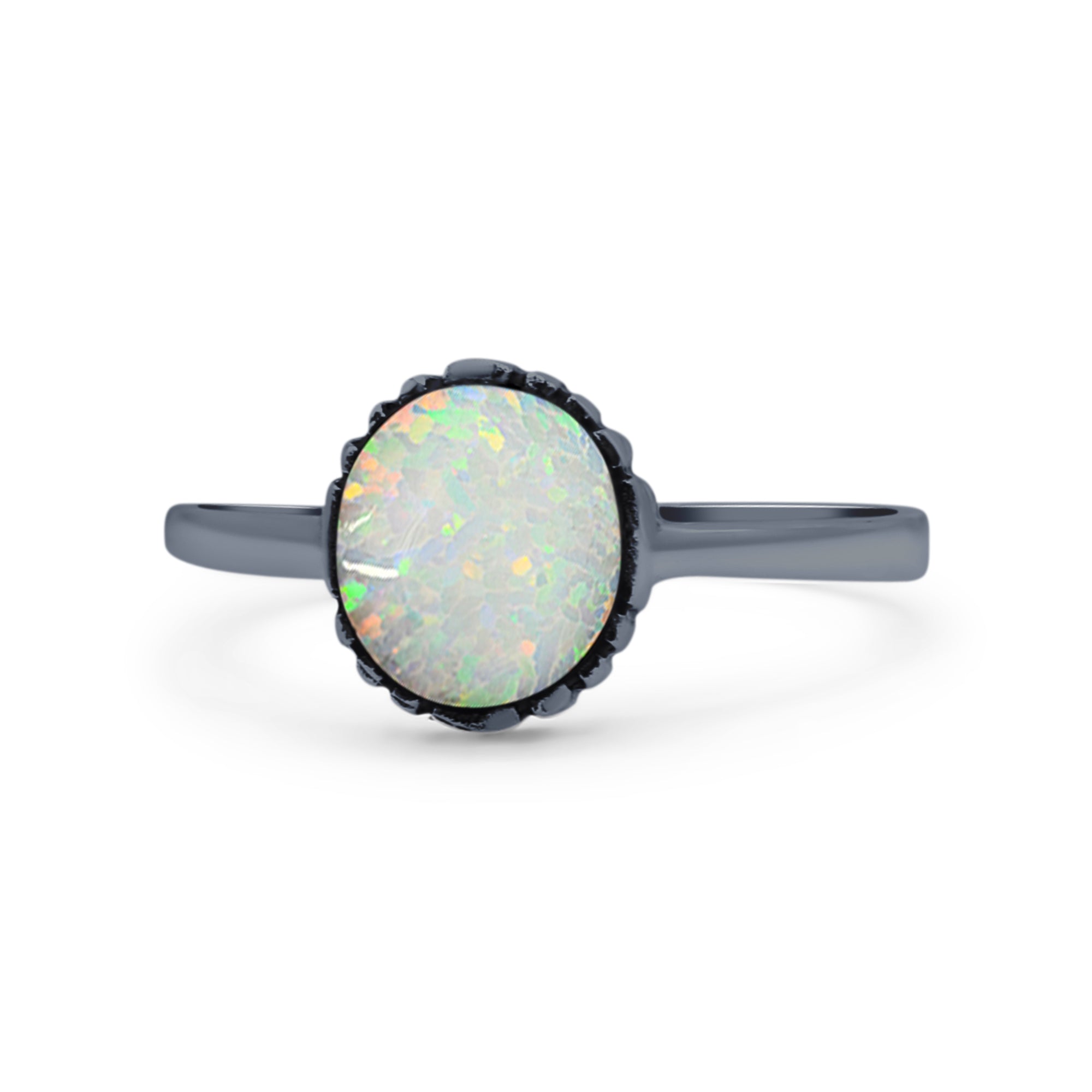 Petite Dainty Oxidized Thumb Ring Round Lab Opal Ring Solid 925 Sterling Silver