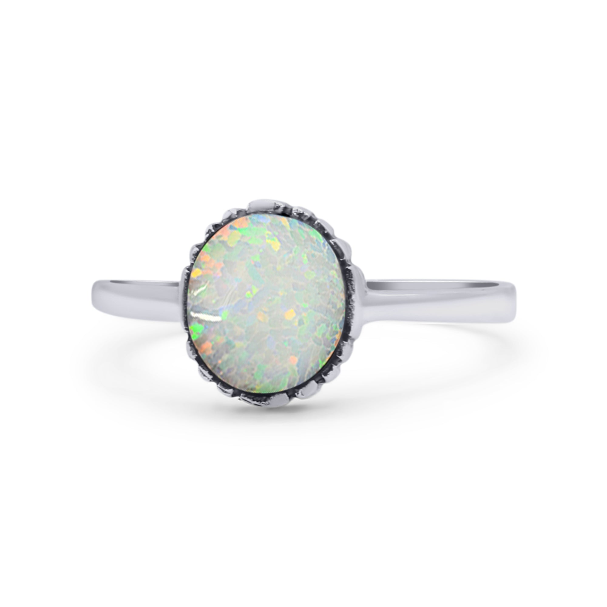 Petite Dainty Oxidized Thumb Ring Round Lab Opal Ring Solid 925 Sterling Silver