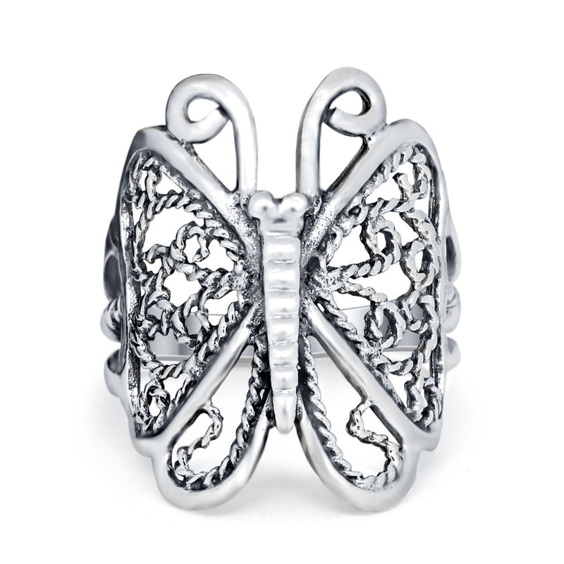 Sterling Silver Oxidized Finish Butterfly Ring Band Round 925 Sterling Silver