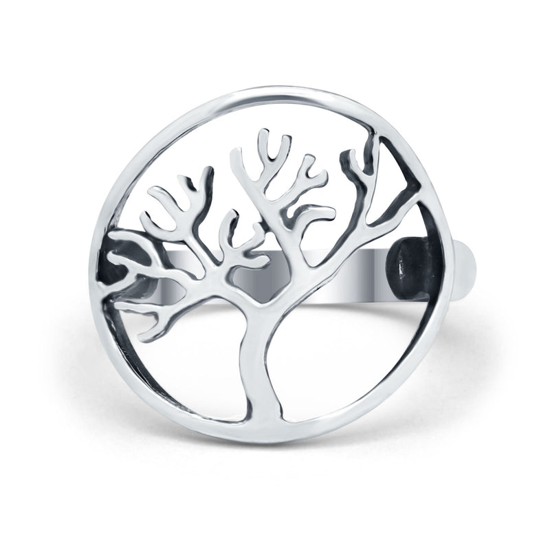Tree of Life Ring Band Oxidized Round 925 Sterling Silver