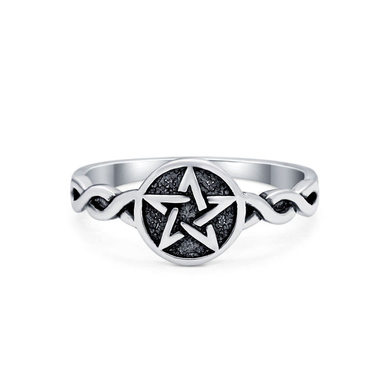 Twisted Braided Shank Oxidized Pentagram Star Ring Band 925 Sterling Silver