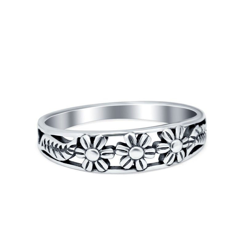 3 Flower Plain Ring Band Oxidized 925 Sterling Silver