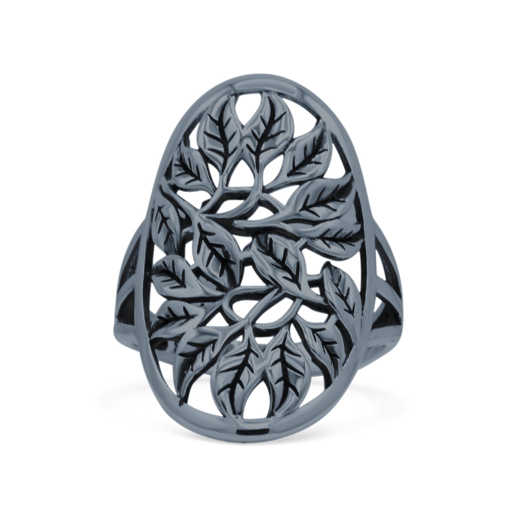 Filigree Leaves Circle Charm Tree of Life Statement Oxidized Band Solid 925 Sterling Silver Thumb Ring (27.5mm)