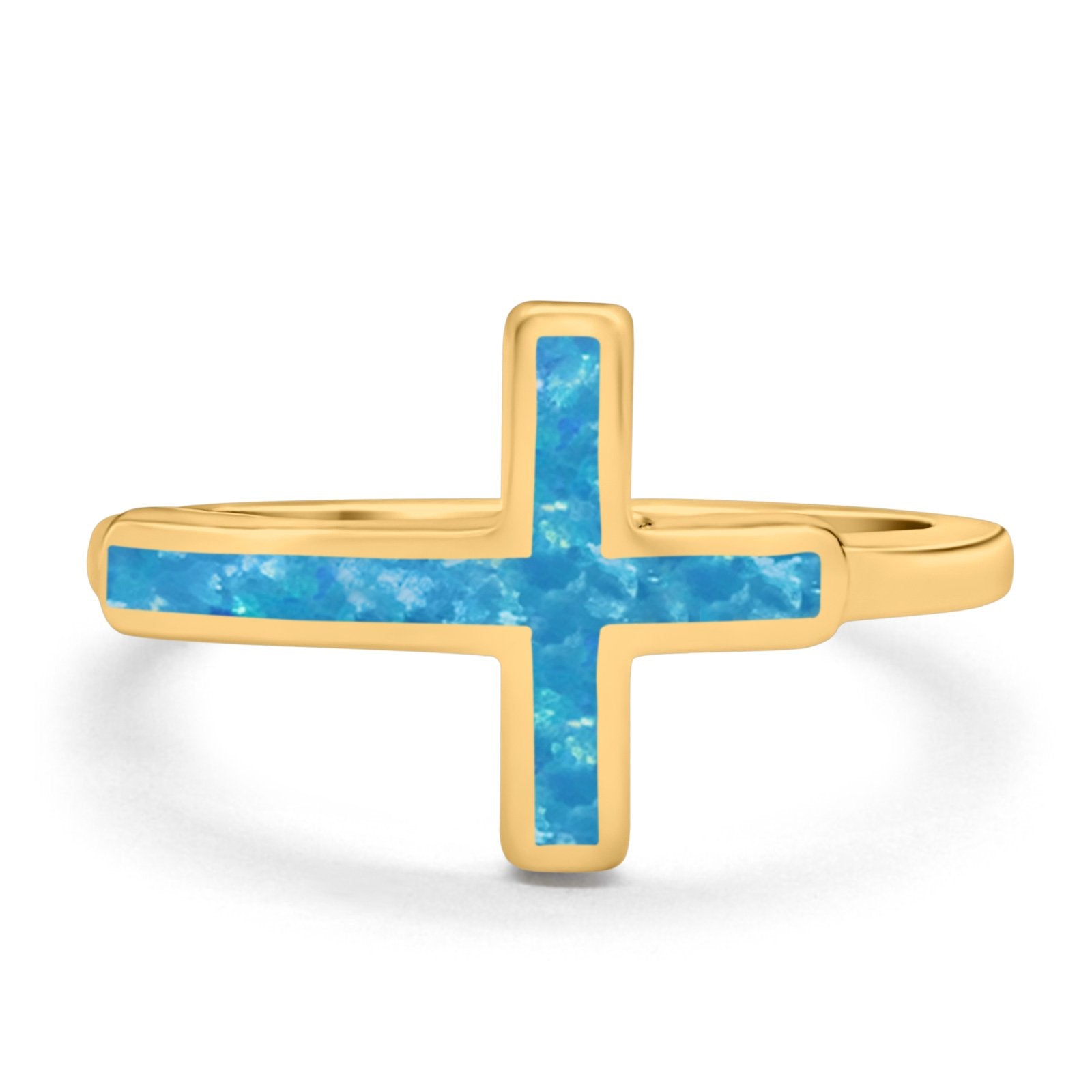 Sideways Cross Ring Rhodium Plated Band Lab Created Opal 925 Sterling Silver (12mm)