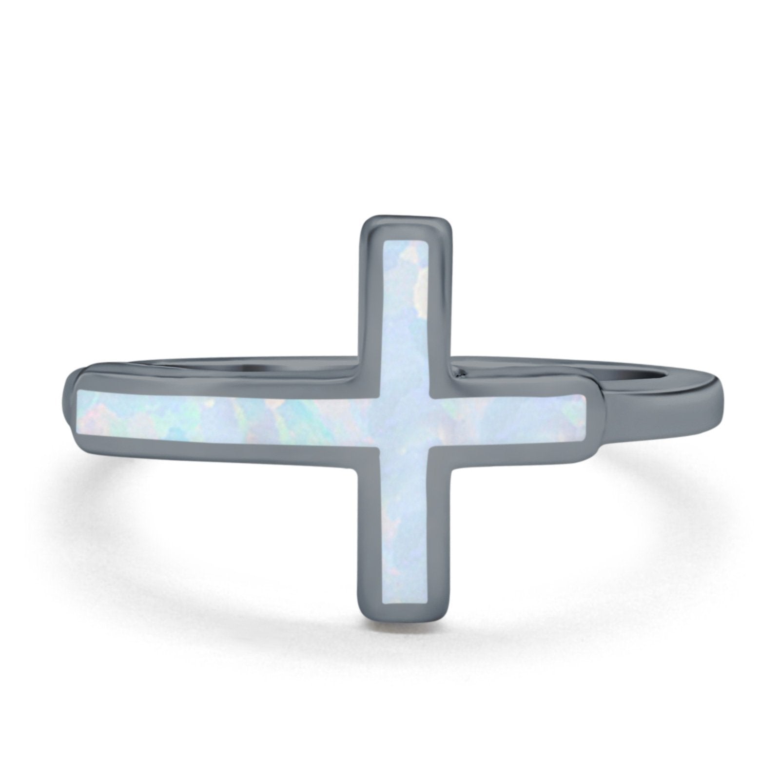 Sideways Cross Ring Rhodium Plated Band Lab Created Opal 925 Sterling Silver (12mm)