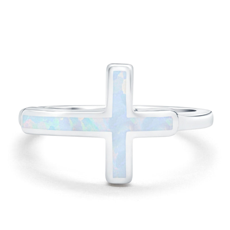 Sideways Cross Ring Rhodium Plated Band Lab Created Opal 925 Sterling Silver (12mm)