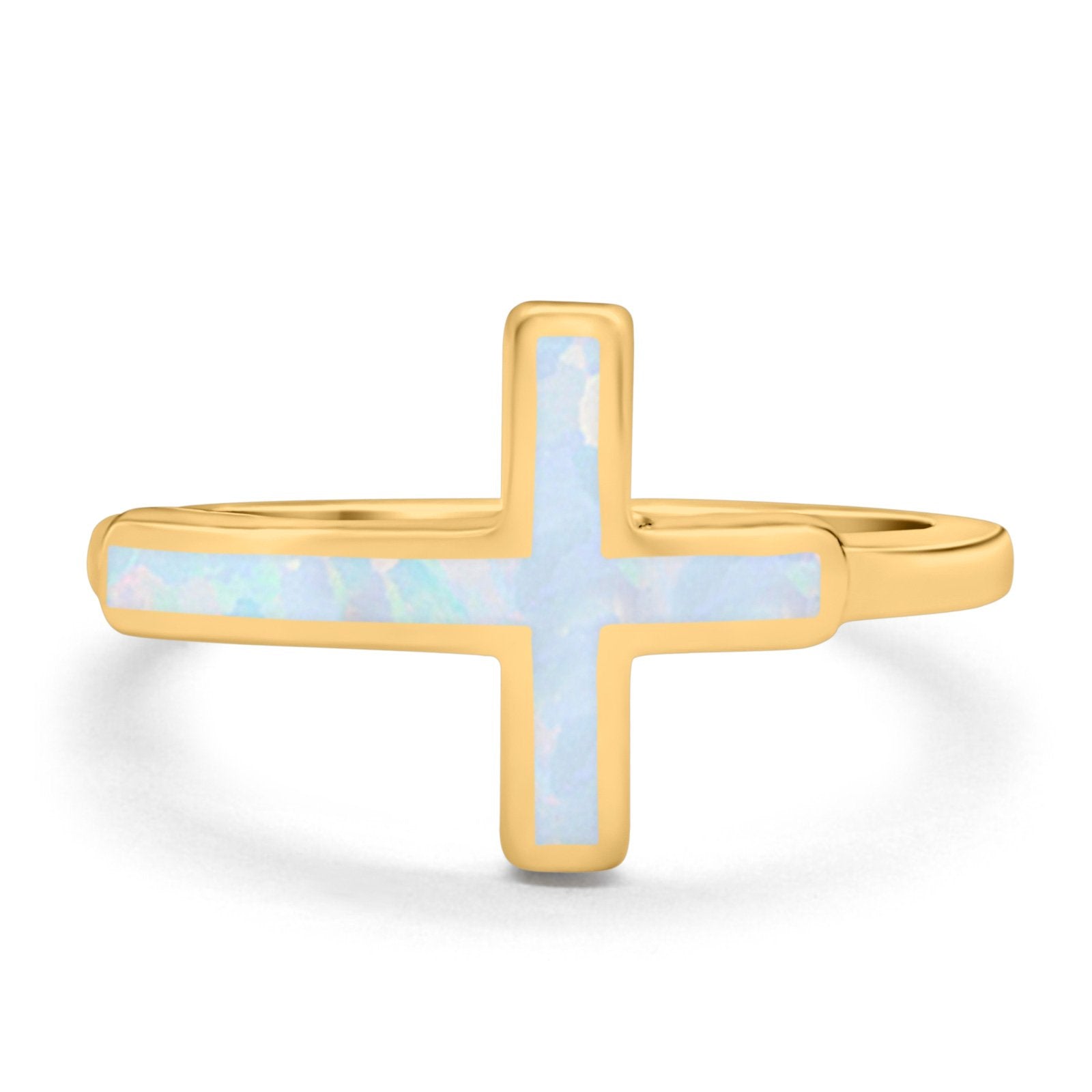 Sideways Cross Ring Rhodium Plated Band Lab Created Opal 925 Sterling Silver (12mm)