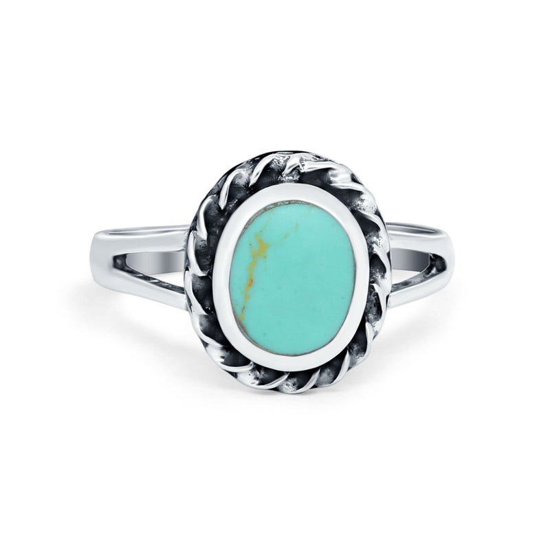 Oval Simulated Turquoise Cubic Zirconia Ring Split Shank Round 925 Sterling Silver