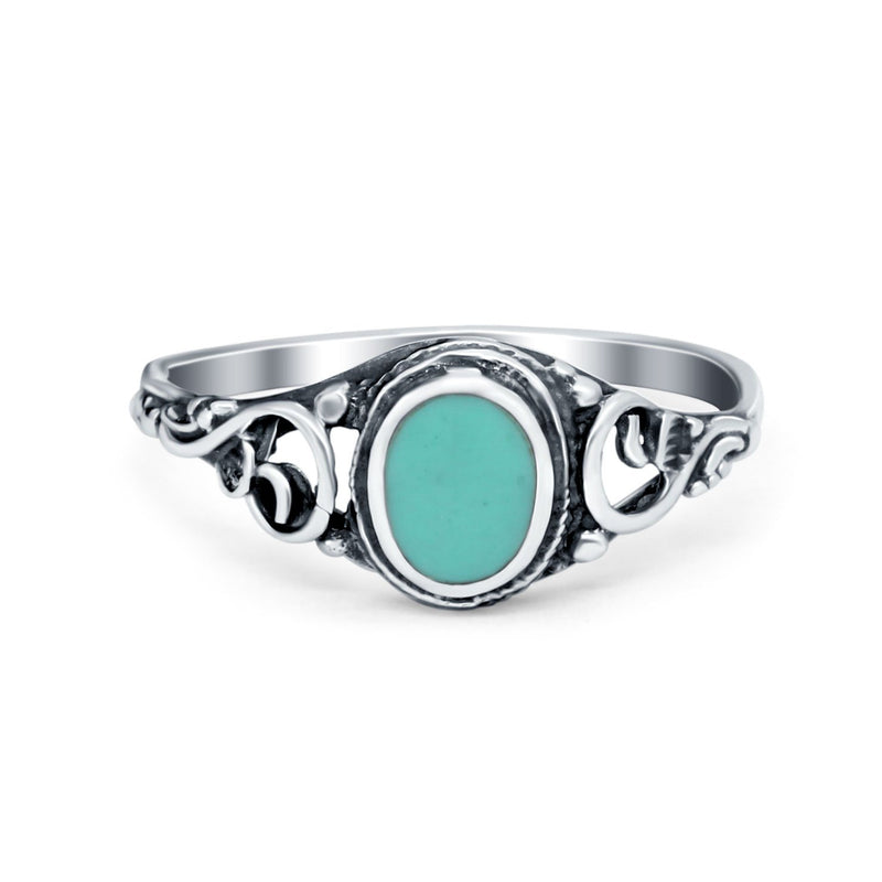 Filigree Oval Simulated Turquoise Cubic Zirconia Ring Round 925 Sterling Silver