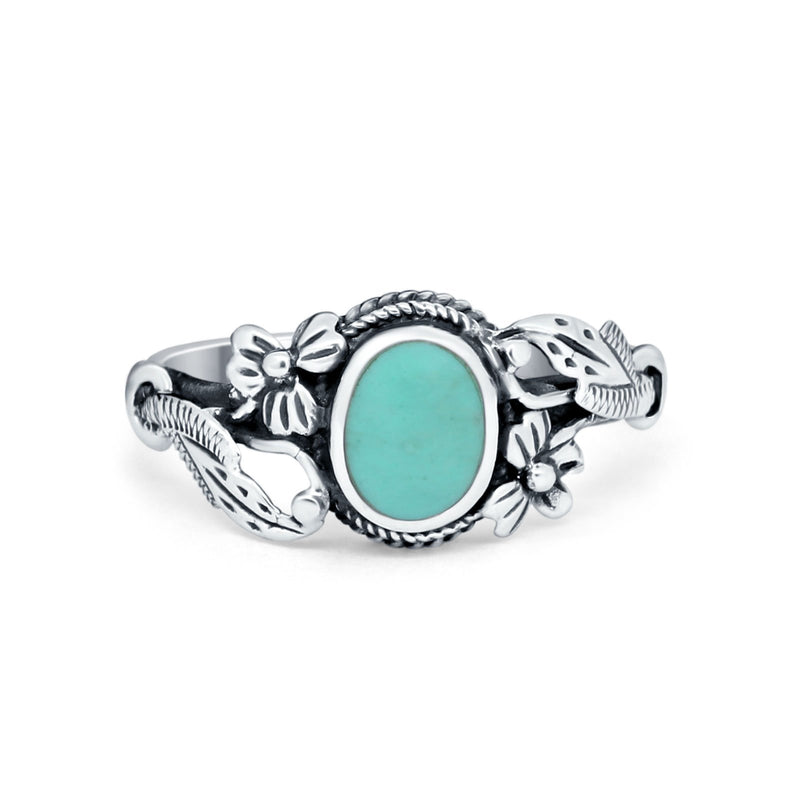 Flower Oval Round Simulated Turquoise Cubic Zirconia Ring 925 Sterling Silver