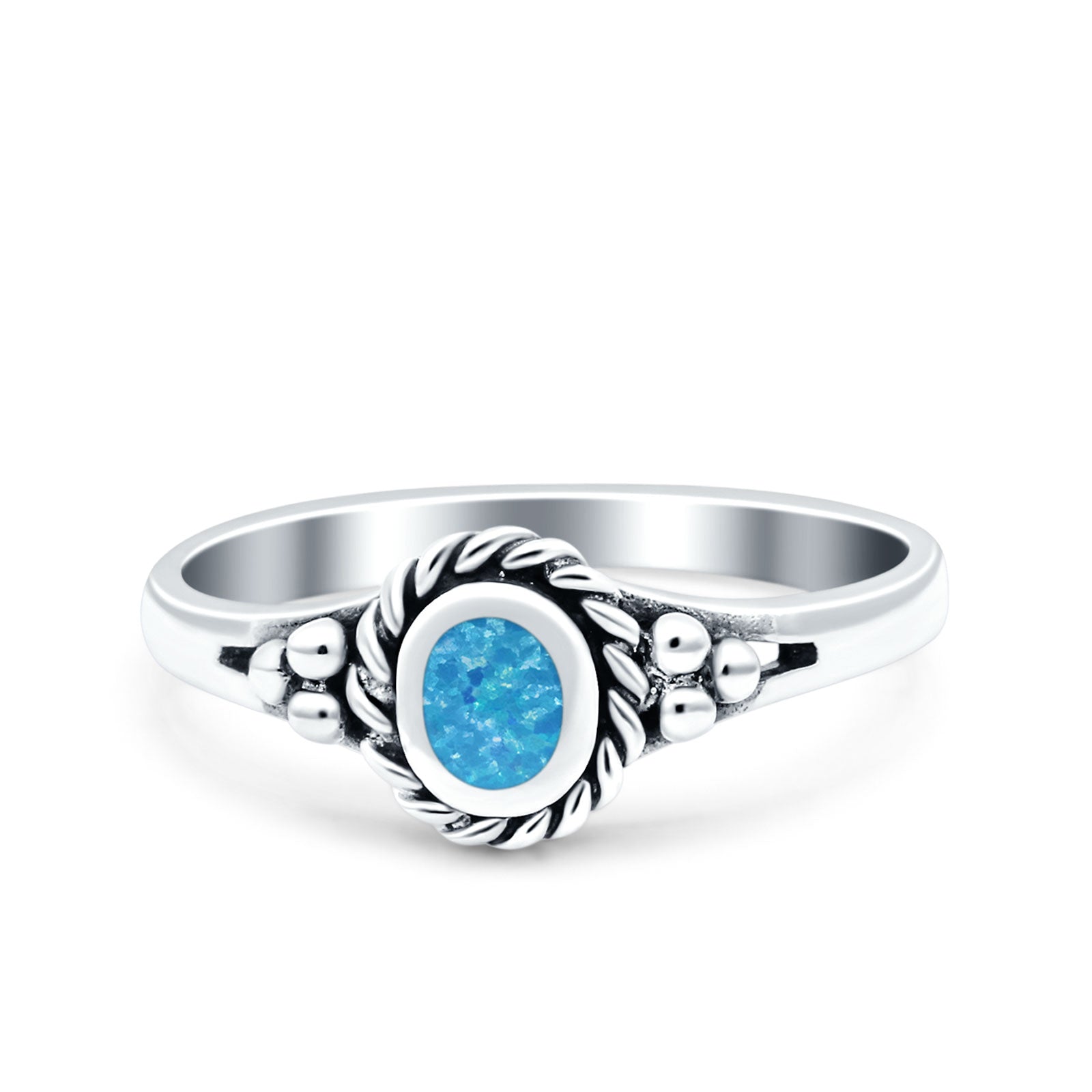 Vintage Style Lab Opal Petite Dainty Ring Solid Oxidized 925 Sterling Silver