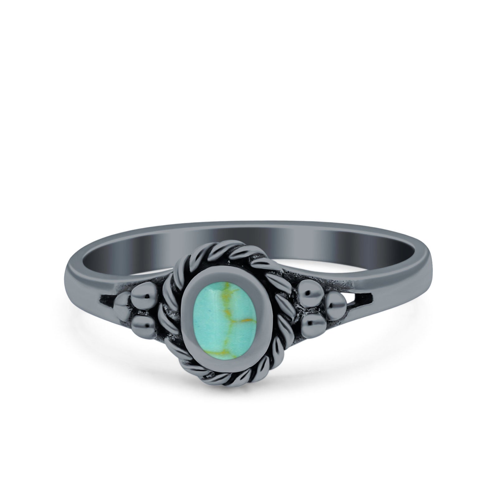 Vintage Style Lab Opal Petite Dainty Ring Solid Oxidized 925 Sterling Silver