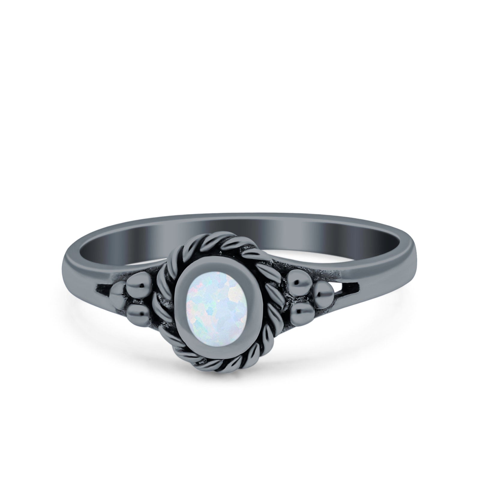 Vintage Style Lab Opal Petite Dainty Ring Solid Oxidized 925 Sterling Silver