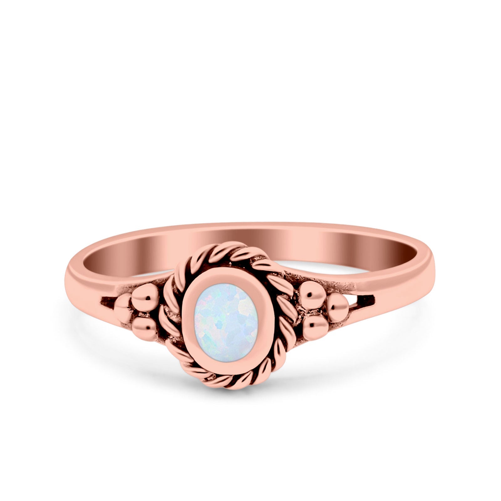 Vintage Style Lab Opal Petite Dainty Ring Solid Oxidized 925 Sterling Silver