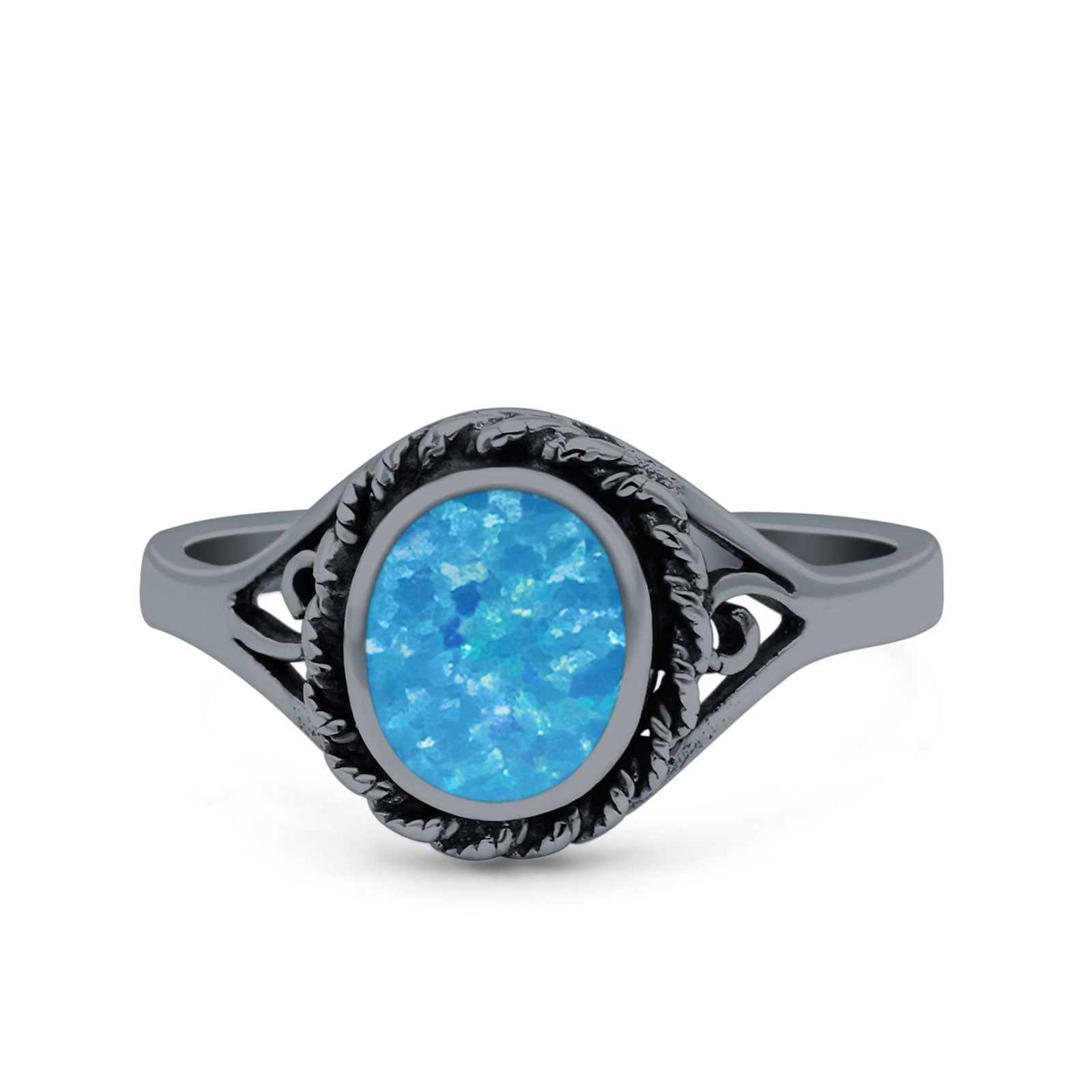 Filigree Petite Dainty Lab Opal Ring Solid Round Oxidized 925 Sterling Silver