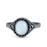 Filigree Petite Dainty Lab Opal Ring Solid Round Oxidized 925 Sterling Silver