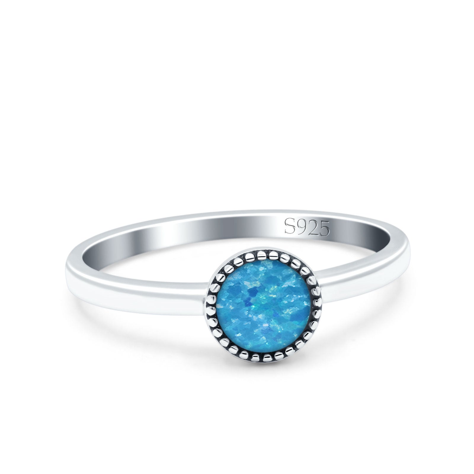 Petite Dainty Lab Opal Ring Solid Round Oxidized 925 Sterling Silver