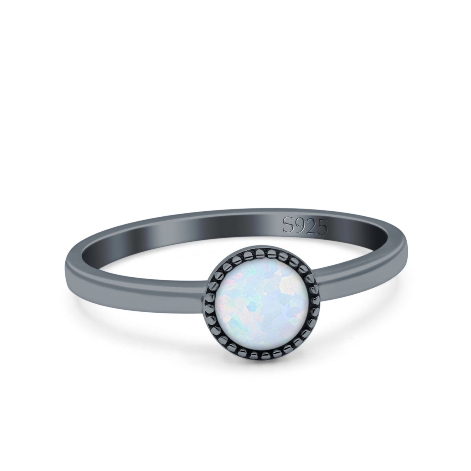Petite Dainty Lab Opal Ring Solid Round Oxidized 925 Sterling Silver