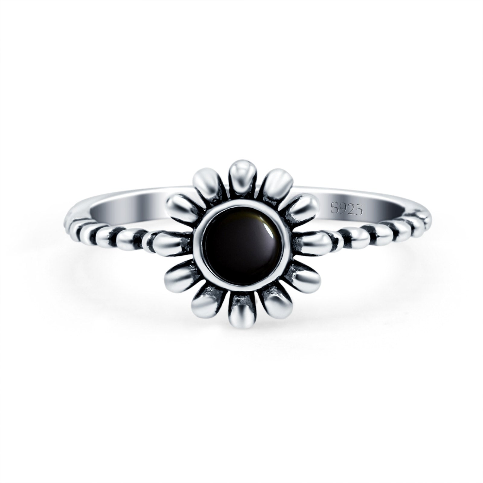 Flower Style Petite Dainty Round Lab Opal Ring Solid Oxidized 925 Sterling Silver (9mm)