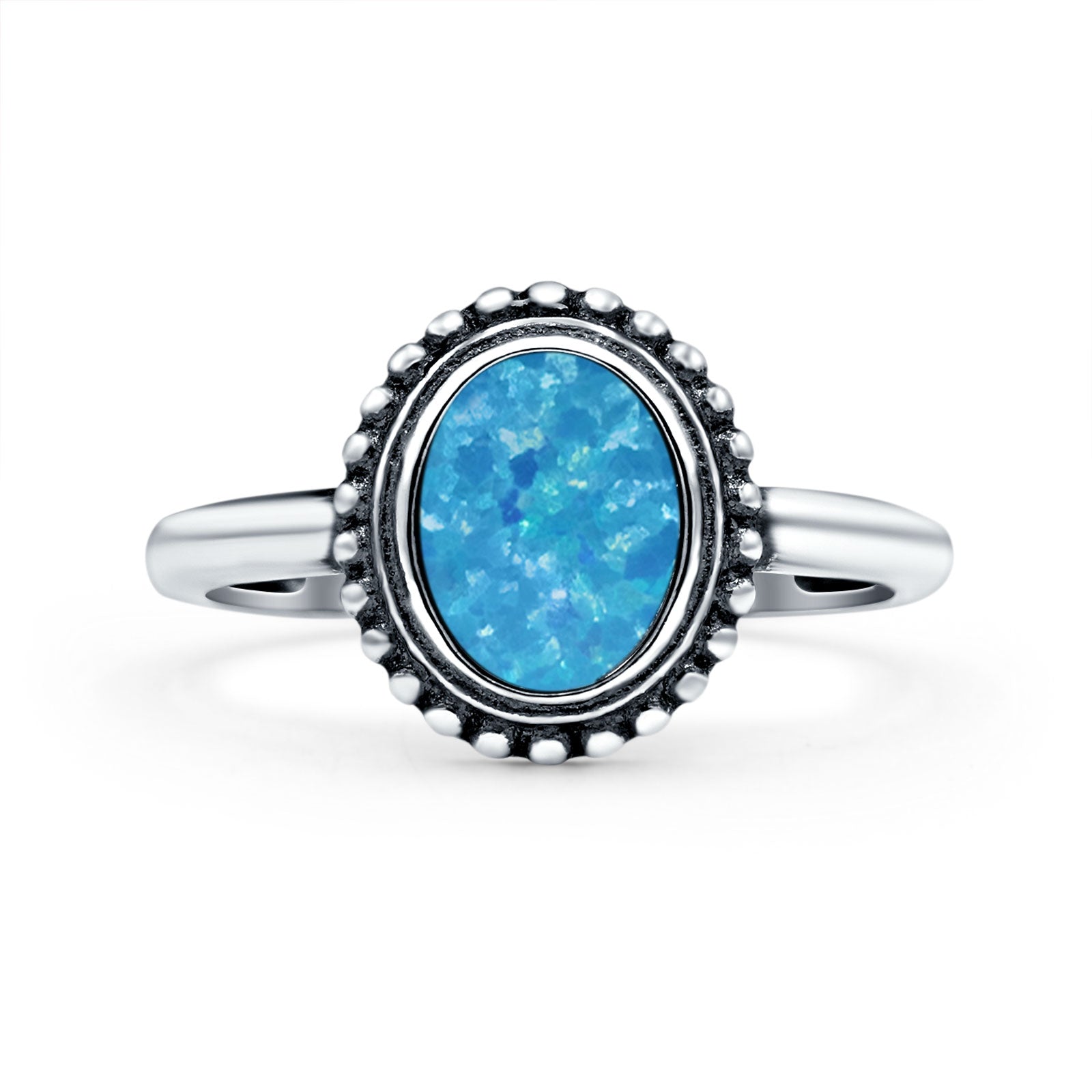 Petite Dainty Lab Opal Ring Solid Round Oxidized 925 Sterling Silver