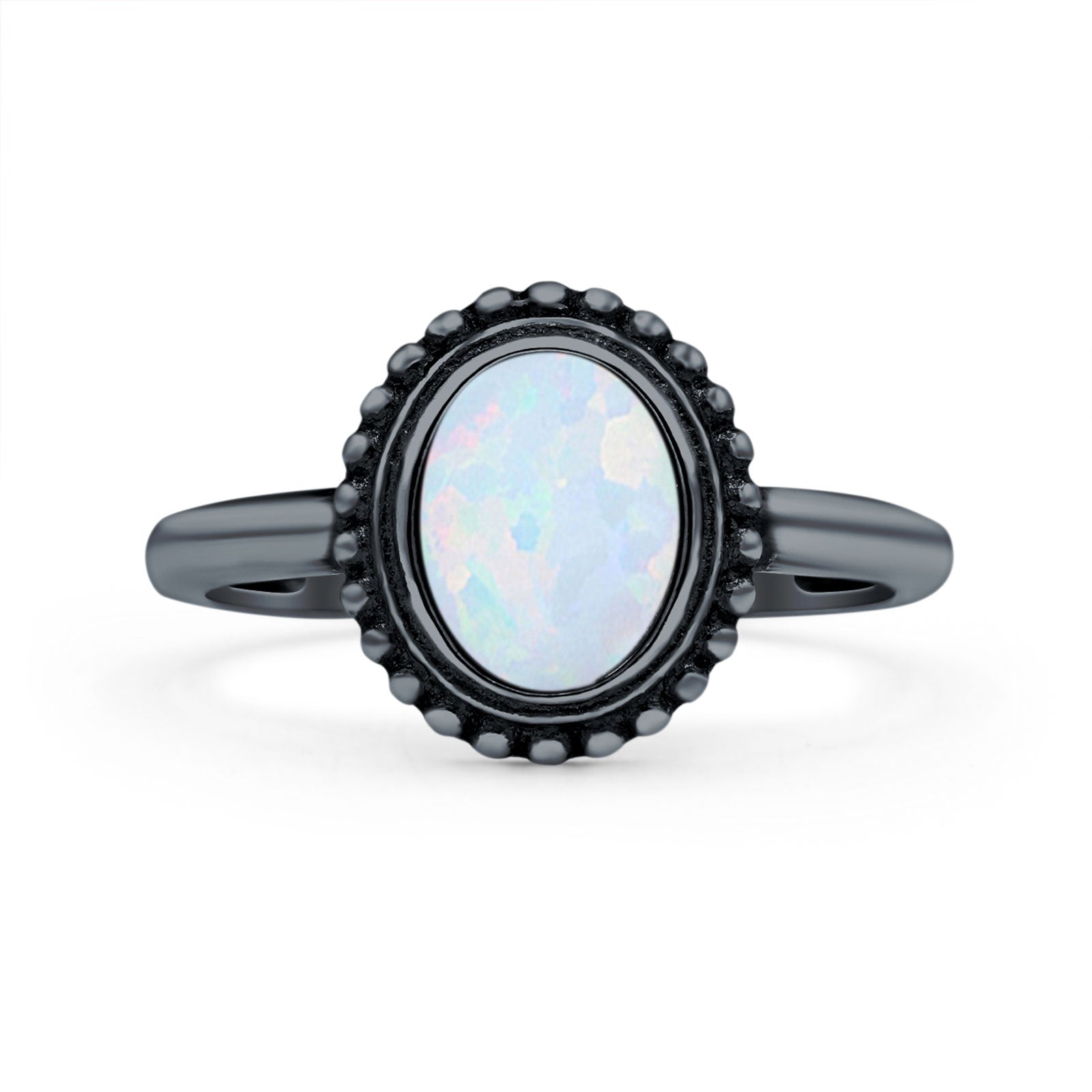 Petite Dainty Lab Opal Ring Solid Round Oxidized 925 Sterling Silver