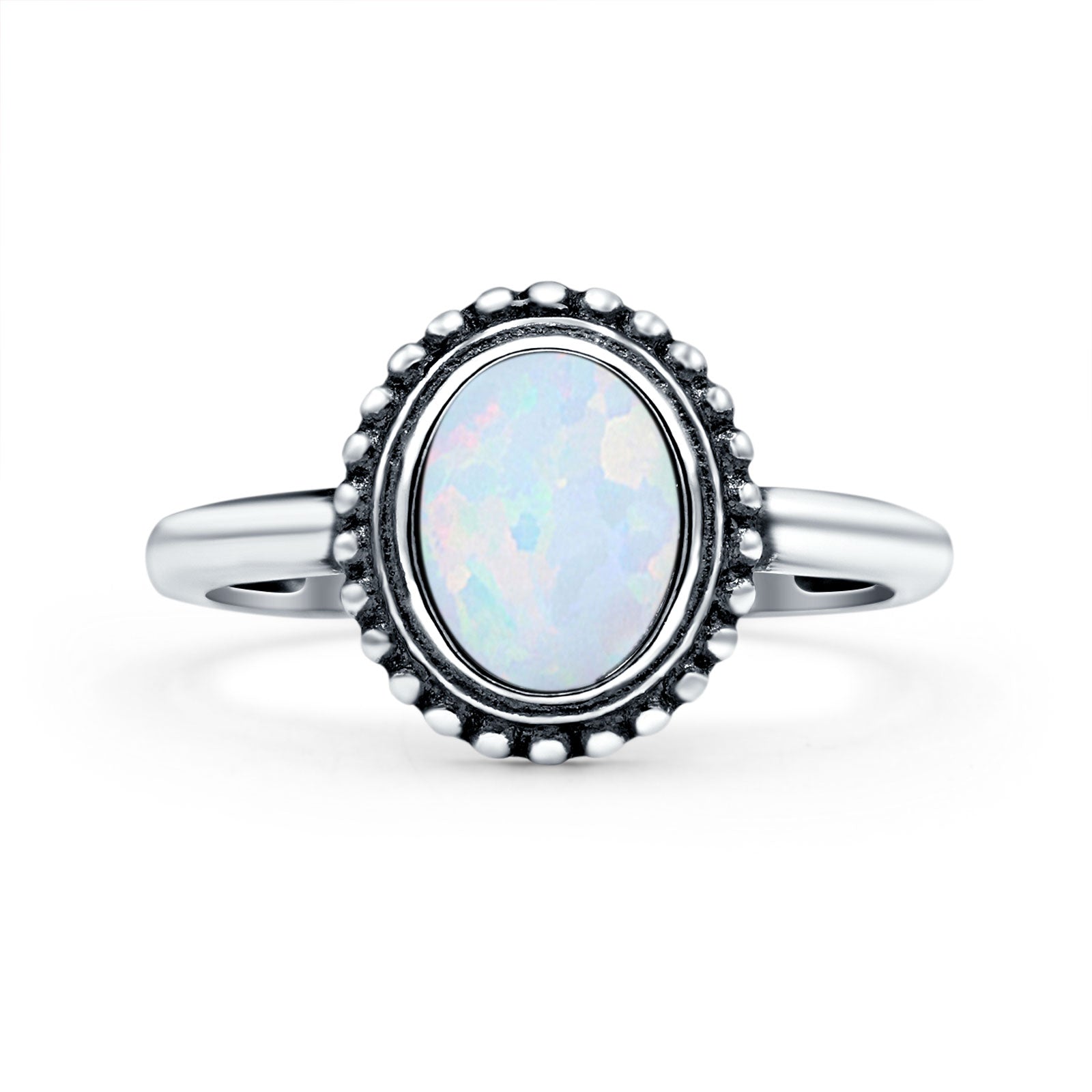 Petite Dainty Lab Opal Ring Solid Round Oxidized 925 Sterling Silver