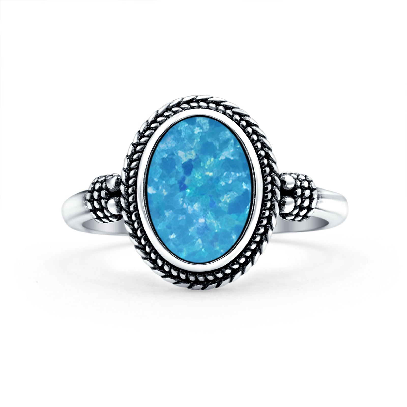 Petite Dainty Vintage Style Lab Opal Ring Solid Oval Oxidized 925 Sterling Silver